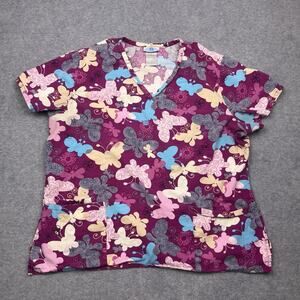 SB scrubs medical uniform top purple butterflies v-neck size large